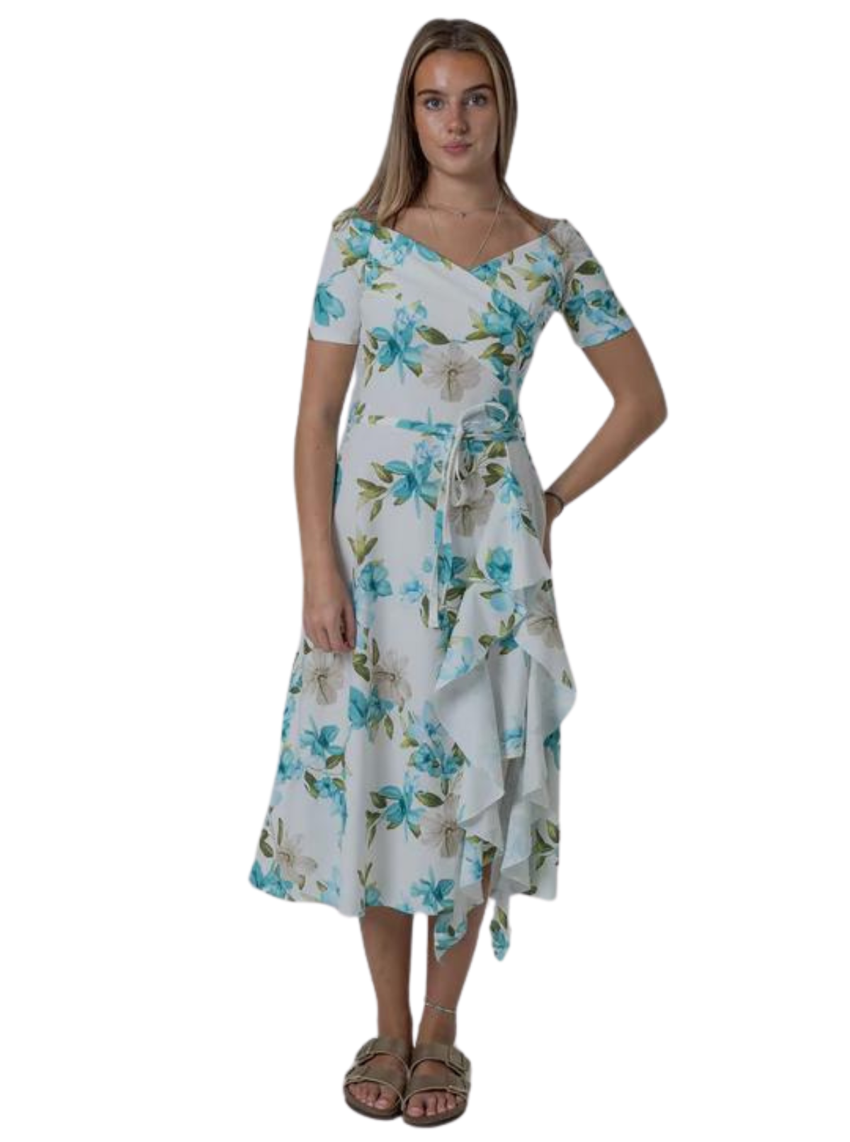 FRILL PRINTED BLUE GREEN FLOWER DRESS