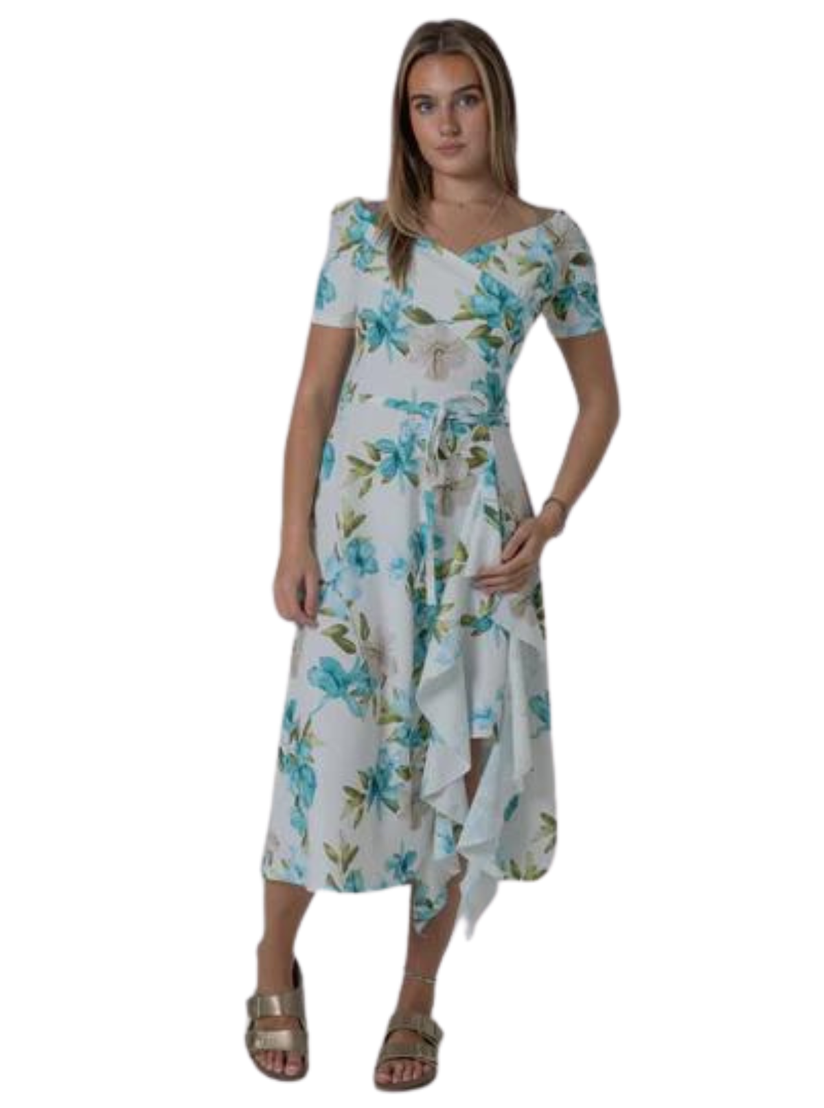 FRILL PRINTED BLUE GREEN FLOWER DRESS