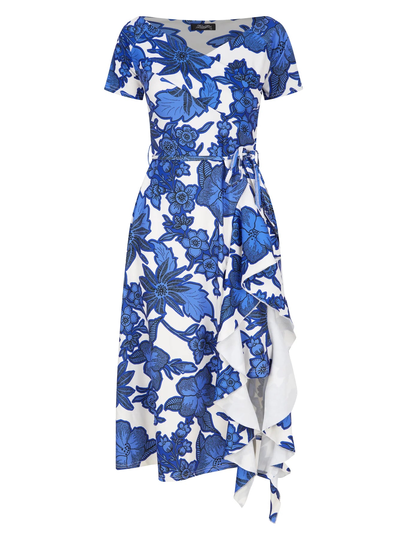 EXCLUSIVE BARDOT OFF SHOULDER FRILL MIDI PRINT DRESS ROYAL BLUE