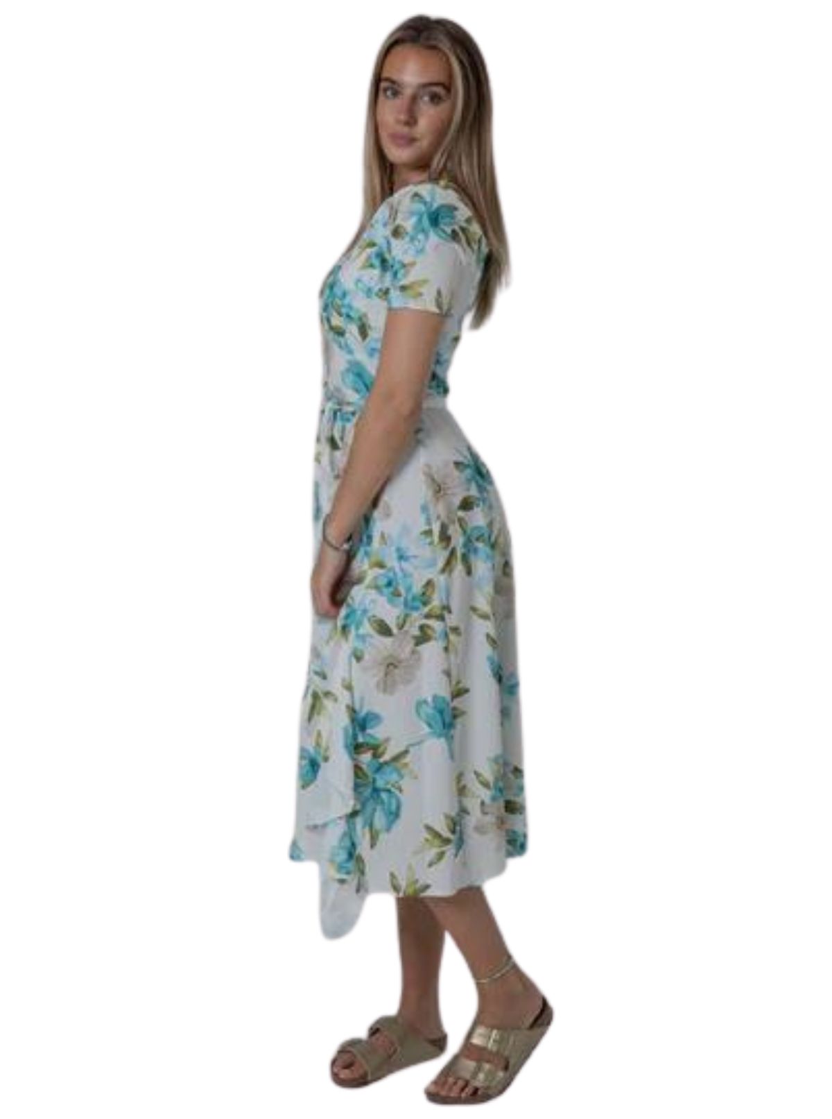 FRILL PRINTED BLUE GREEN FLOWER DRESS