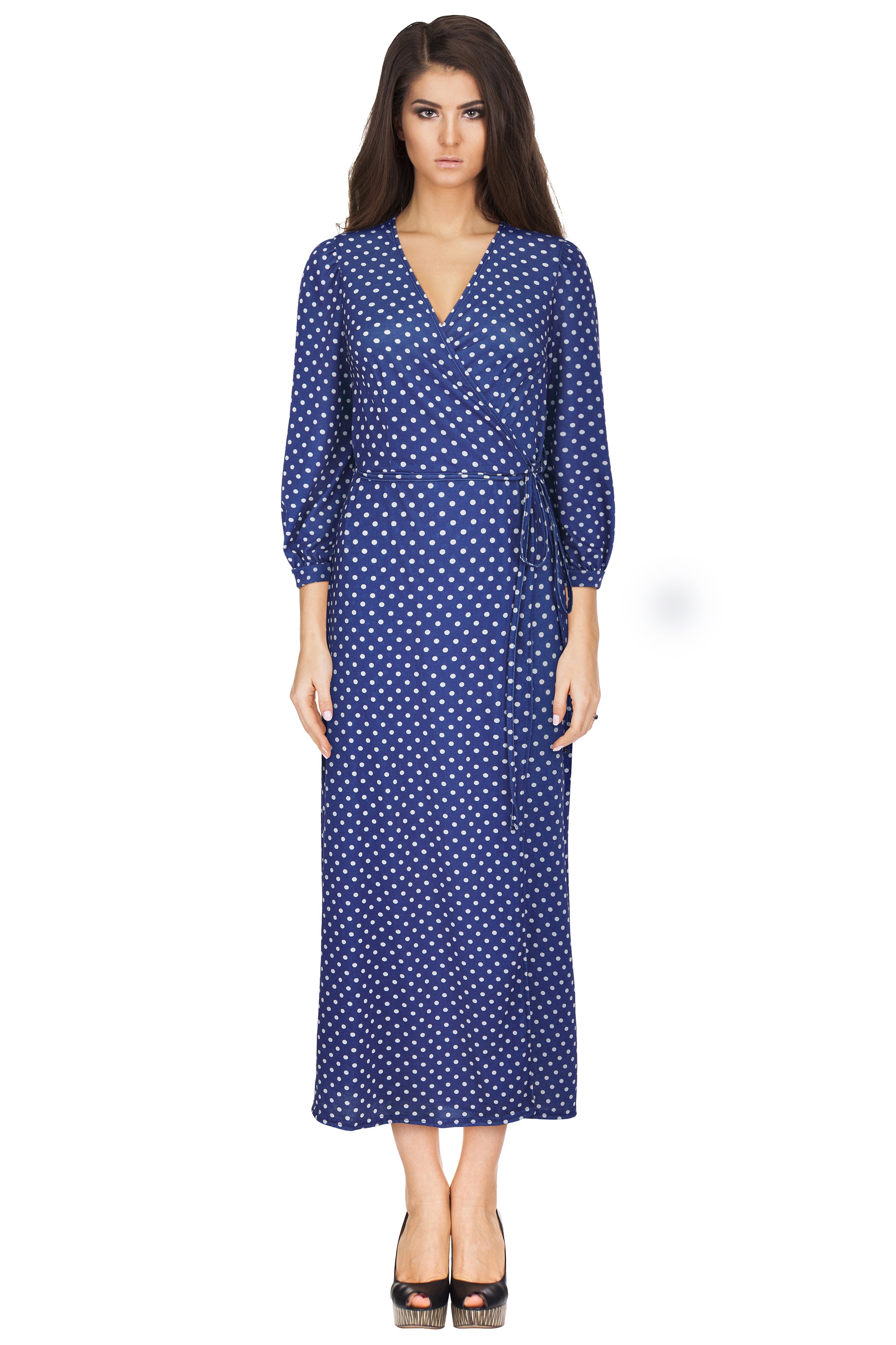 Polka Dot Jersey Wrapover Dress Navy