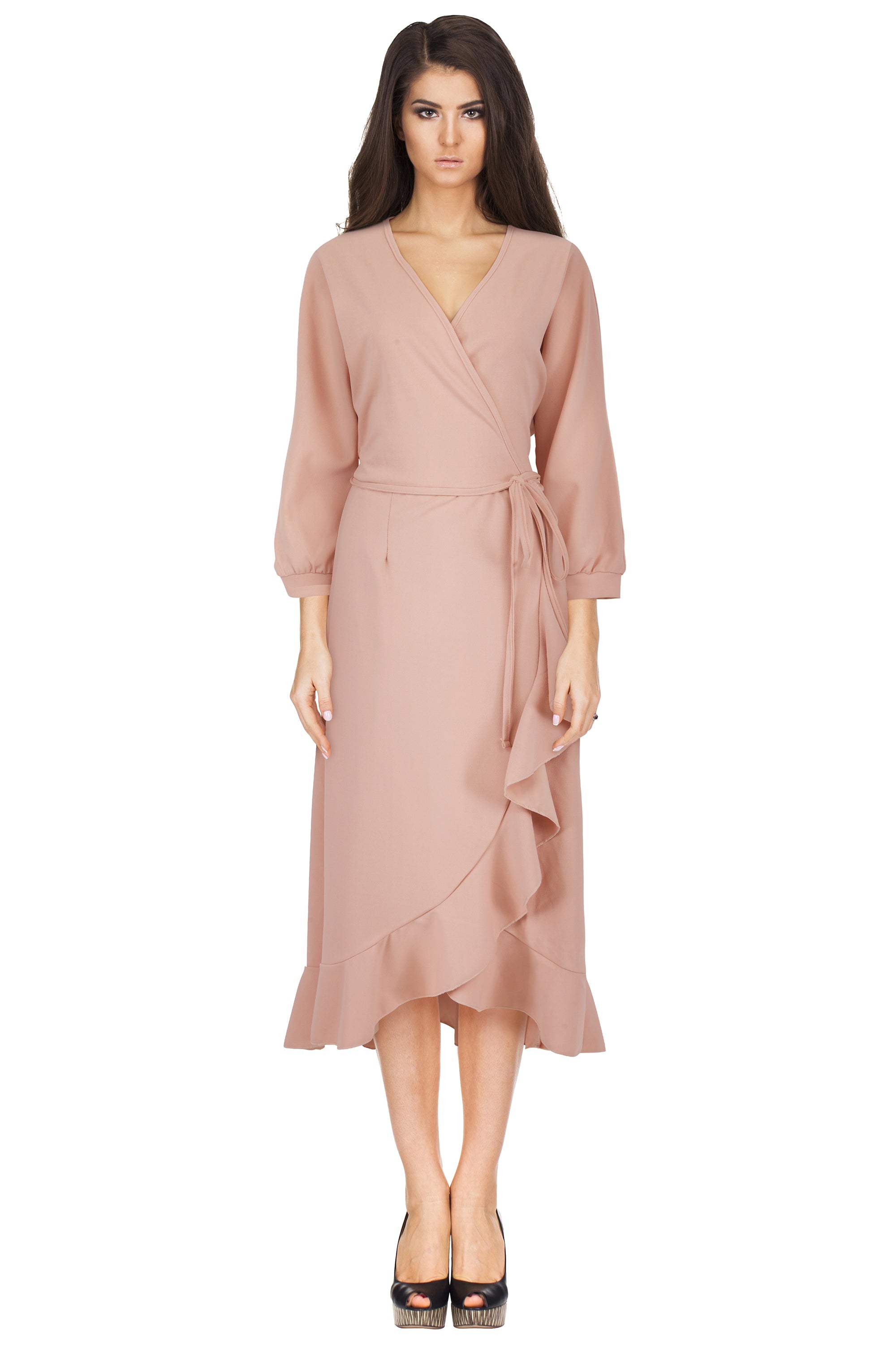 Wrapover Frill Stretch Crepe Dress Pink