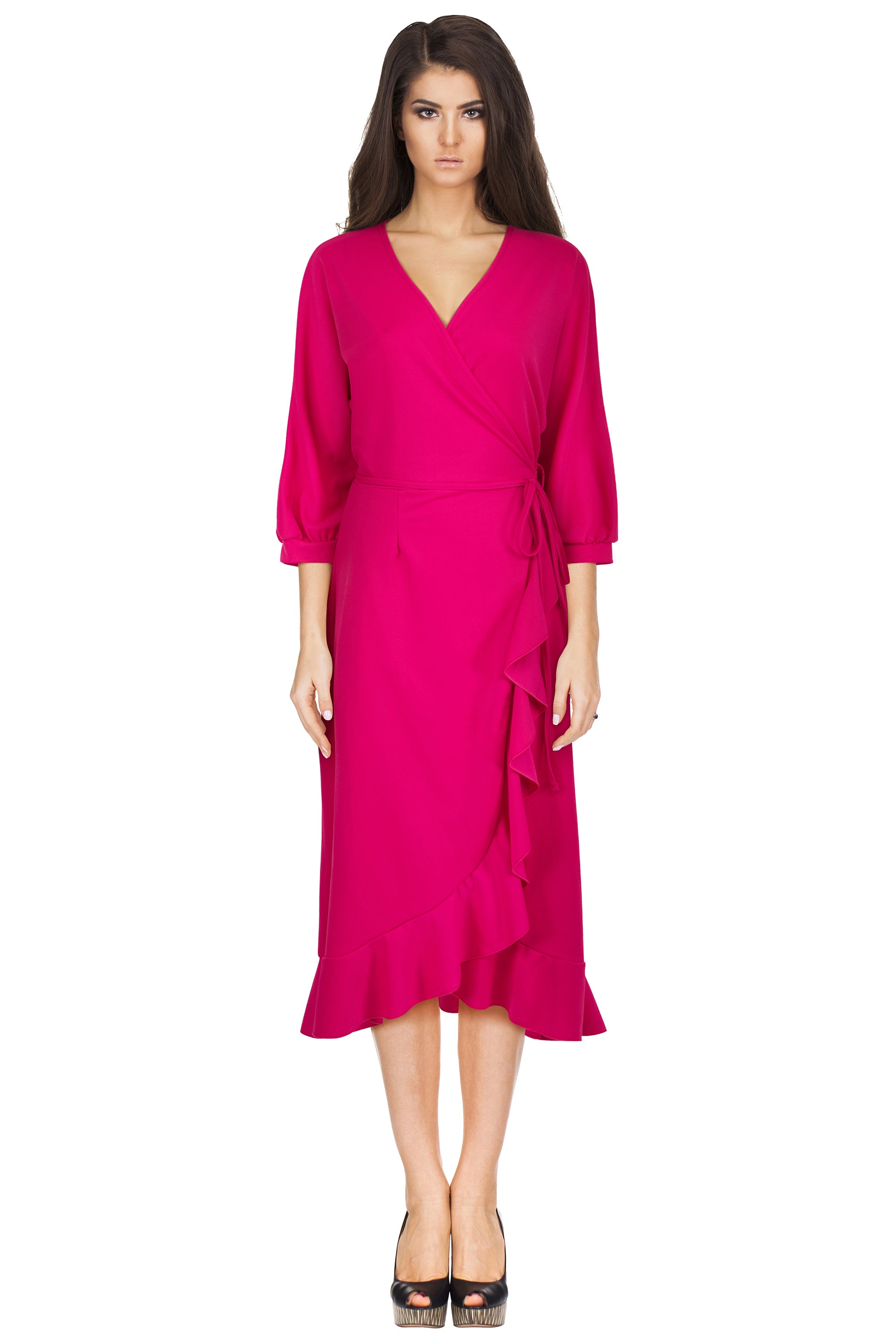 Wrapover Frill Stretch Crepe Dress Burgundy