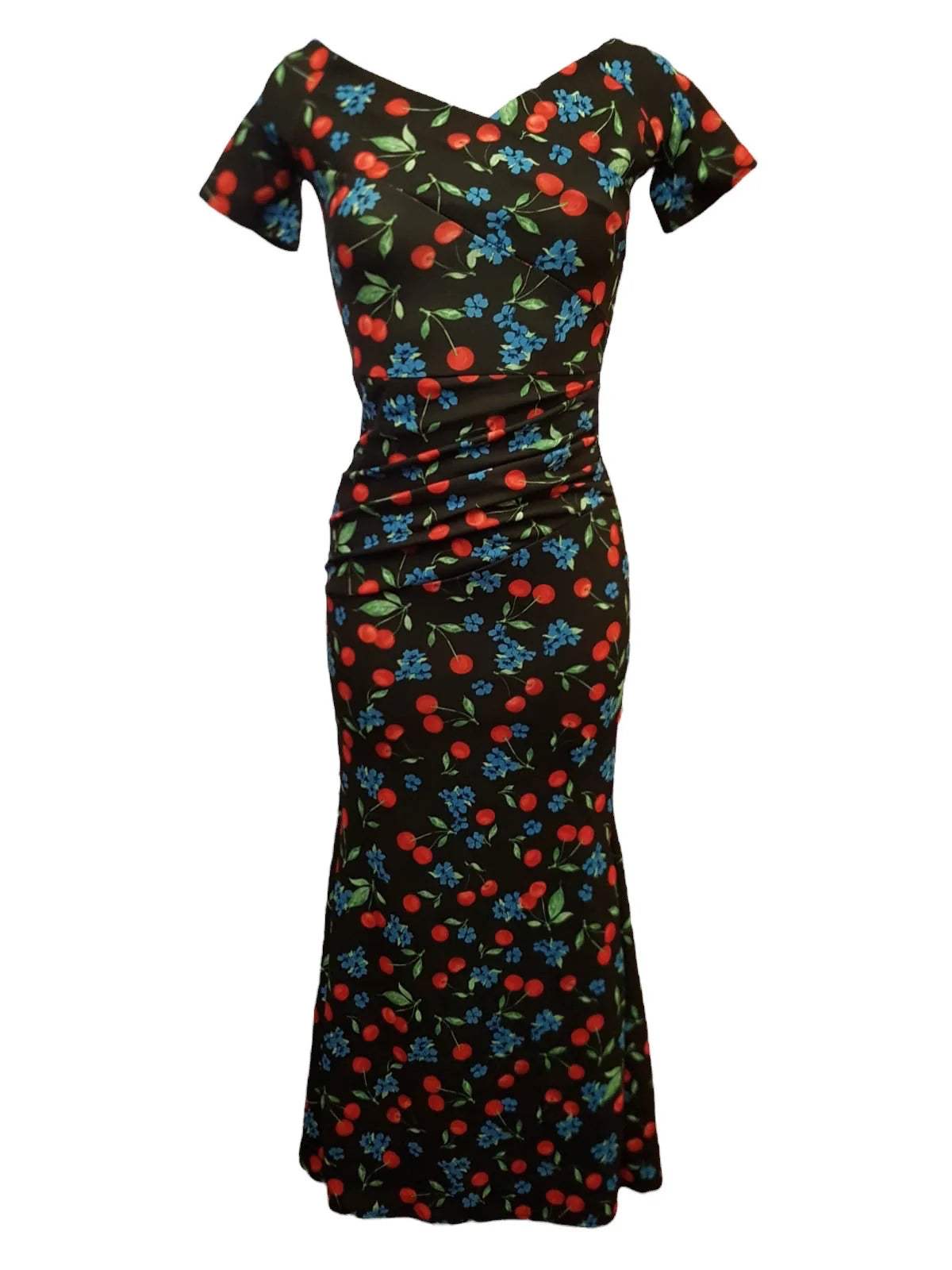 BARDOT MAXI CHERRY PRINT DRESS BLACK