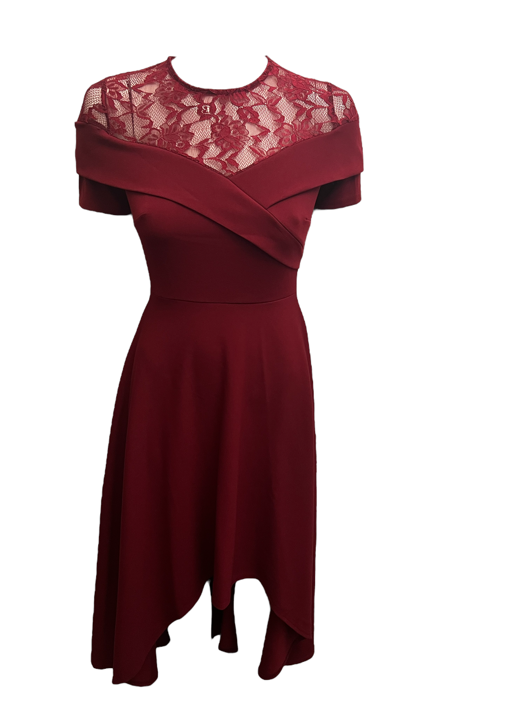 Lace Bardot Hi Lo Dress Burgundy